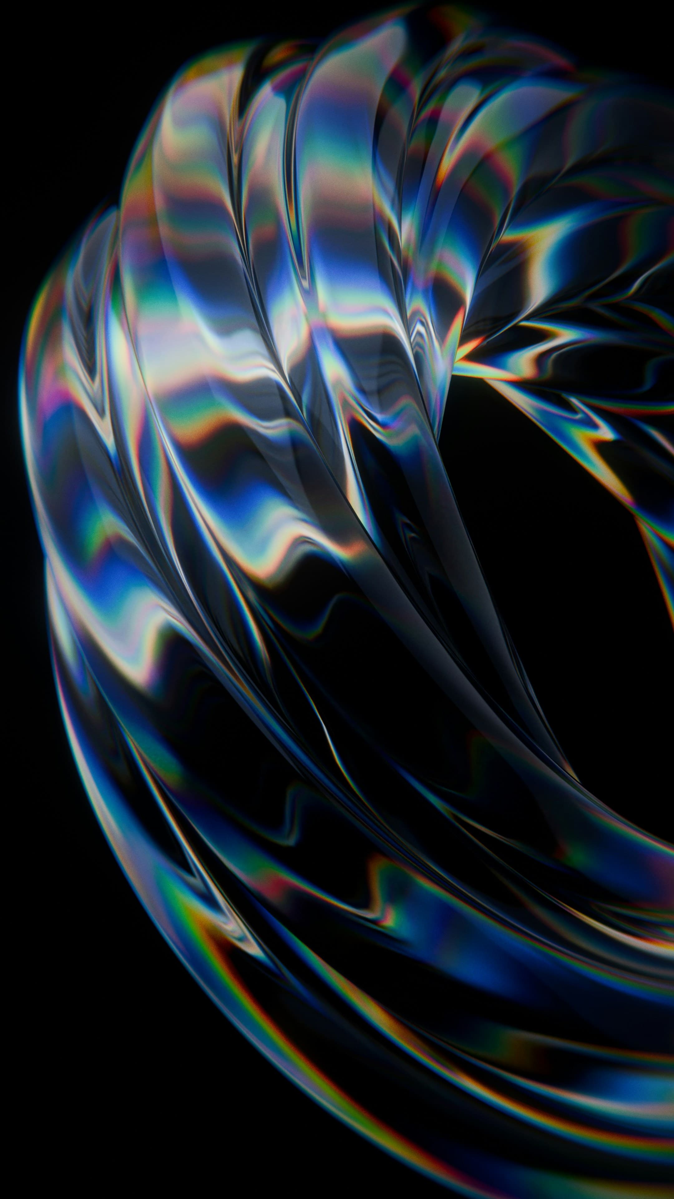 A folded iridescent metallic form on a black background